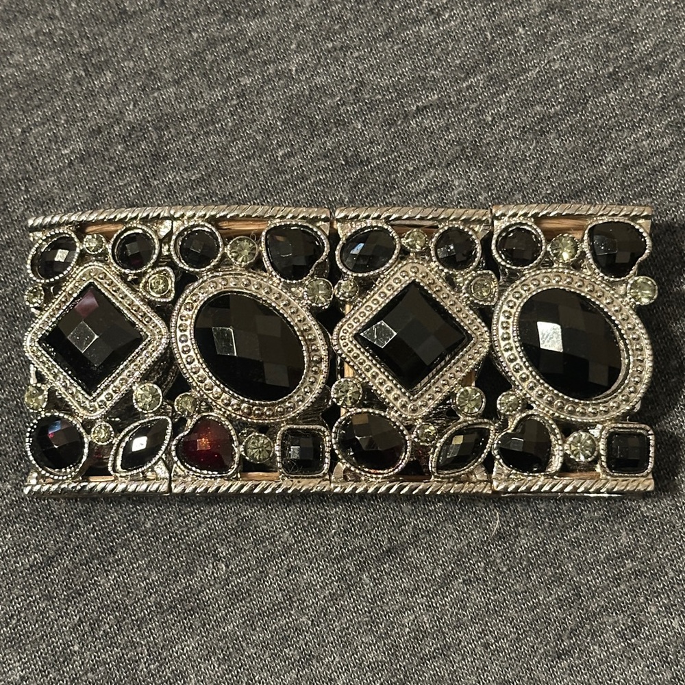 Women’s Geometric Gemstone Stretchy Elegant Bracelet, Black & Silver, OS - Picture 3 of 6